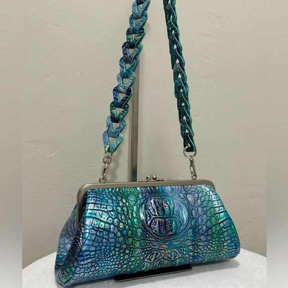 Iridescent Croc-Embossed Leather Handmade Kisslock Baguette Bag/Multi Use Style - Picture 1 of 16